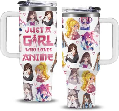 Presentes de anime para mulheres e meninas, 850 g Just A Girl Who Really Loves Anime Tumbler com alça, presentes de aniversário para amantes/fãs de animes, caneca de presente temático de anime para