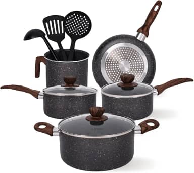 Jogo de Panelas Cerâmica Antiaderente Indução 8 Peças, Conjunto Resistente, Fácil de Limpar, Preto