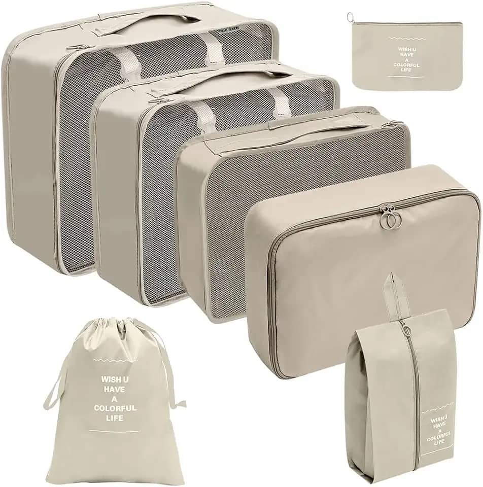 Organizador Viagem Kit 7 Peças - Necessaire para Bagagem Malas Roupas Bolsa Cosméticos Higiene - Dobrável Impermeável Multiuso Feminina Masculina Unissex Grande Compacto Prático (BEGE)