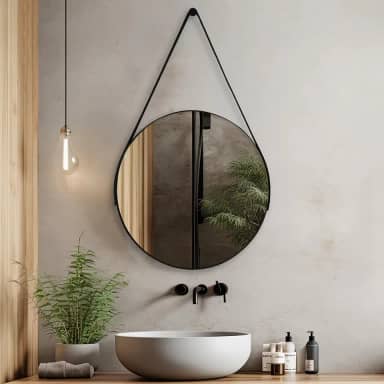Espelho Redondo 60cm Adnet com Alça de Couro Decoração Moderna para Banheiro Sala ou Quarto (Preto)