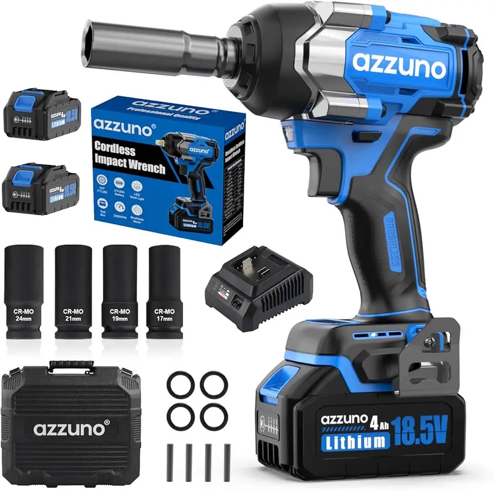 AZZUNO Chave de impacto máxima de 1000 Nm, chave de impacto elétrica de alto torque sem escova, potente chave de impacto sem fio com baterias de 2 x 4 Ah, 4 soquetes e carregador para pneu de caminhão