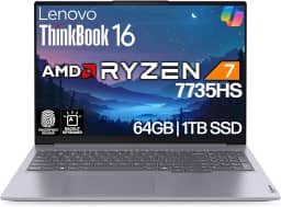 Lenovo ThinkBook 16 G7 Business Laptop, 40.6 cm FHD+, AMD Ryzen 7 7735HS, 64GB DDR5, 1TB NVMe, WiFi 6E + BT, Backlit KB, leitor de impressão digital, webcam HD, Win 11 Pro