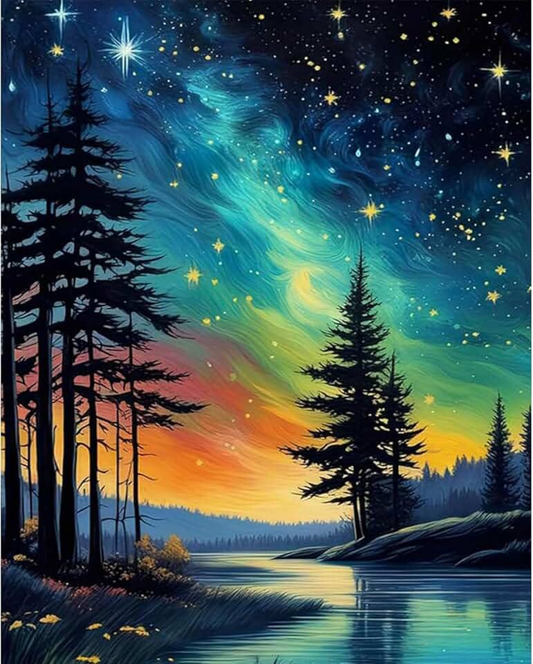 xackcme Pintura de céu estrelado por números para adultos - Pintura noturna estrelada por número em tela sem moldura, pintura a óleo de paisagem abstrata faça você mesmo para presente decoração de