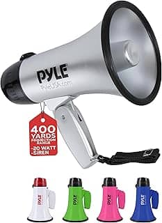 Bullhorn portátil para alto-falante Megafone – Compacto e operado com bateria de 20 watts, microfone, 2 modos, som PA e alça dobrável para líder de torcida e uso policial – Pyle PMP23SL (prata)