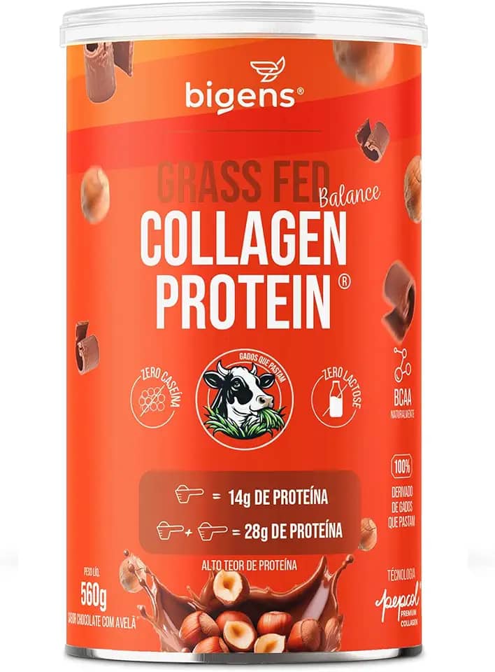 Bigens Grass Fed Balance Collagen Protein, Gado de Pasto, Colágeno Zero Lactose e Caseína (Unidade, Chocolate com Avelã)