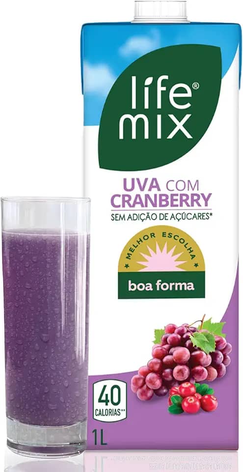 LIFE MIX - Suco de Uva com Cranberry Natural Baixa Caloria - Sem Conservantes e Corantes, Sem Adição de Açúcares - Vitaminas C e D, Cálcio, Fibras e Ácido Fólico - Vegano - 1L