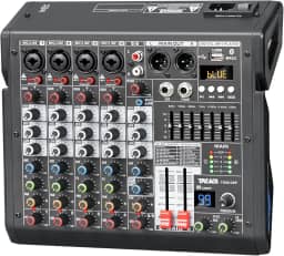 mesa de som 6 canais Mixer de áudio profissional Misturador DJ Misturador efeitos DSP de 99 bits, consola de mistura com saída Eq de 7 bandas, misturador profissional Bluetooth fantasma de +48V