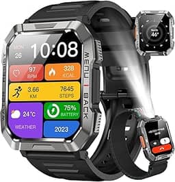 Relógio Inteligente,Smartwatch Militar,My Watch de Chamadas Bluetooth,Relógio de Fitness,Rastreador de Fitness e Rastreador de Atividades,IP68 à Prova D'água,Lanterna,Bateria de 900mAh,Preto