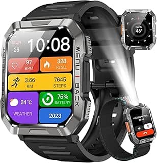 Relógio Inteligente,Smartwatch Militar,My Watch de Chamadas Bluetooth,Relógio de Fitness,Rastreador de Fitness e Rastreador de Atividades,IP68 à Prova D'água,Lanterna,Bateria de 900mAh,Preto