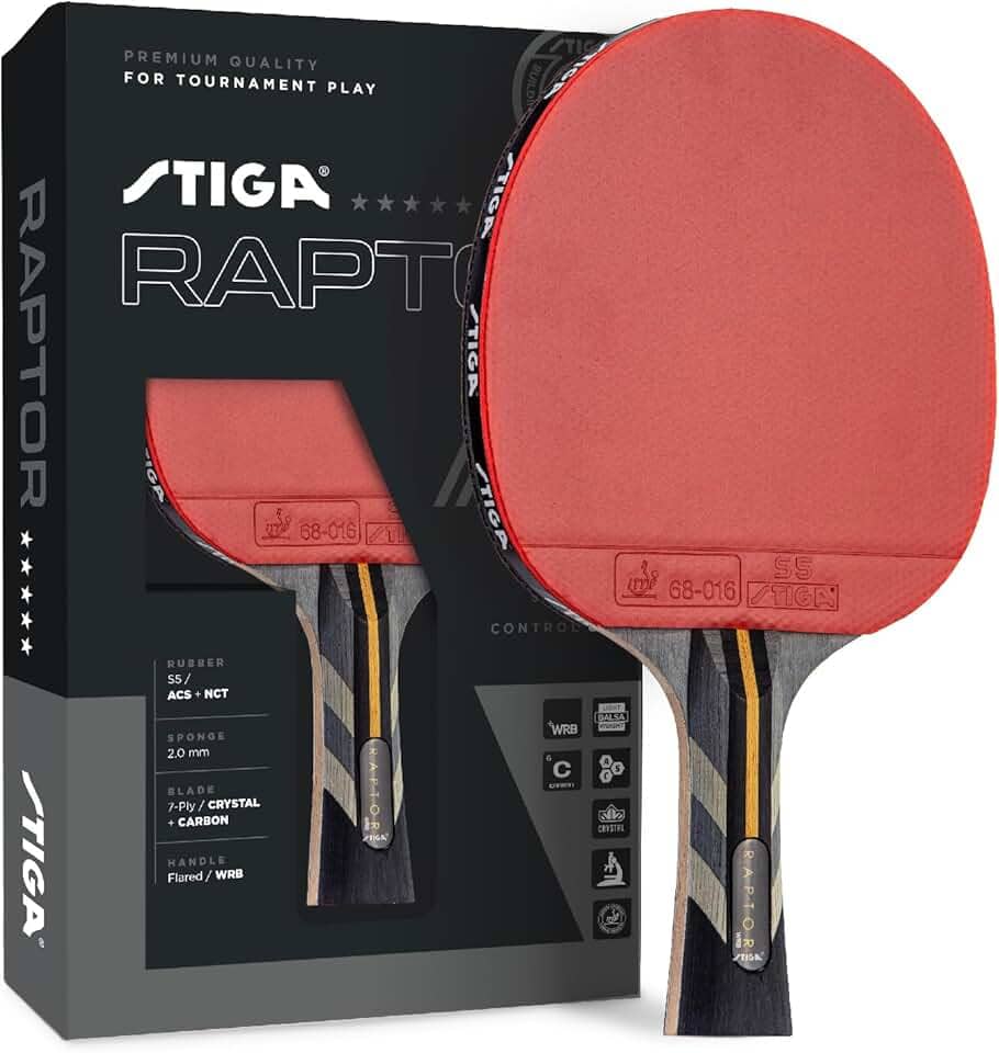 STIGA Raptor Performance Ping Pong Paddle - Lâmina de fibra de carbono de 7 camadas - Esponja Premiere de 2 mm para um ponto doce maior - Alça alargada para maior controle - Raquete de tênis de mesa
