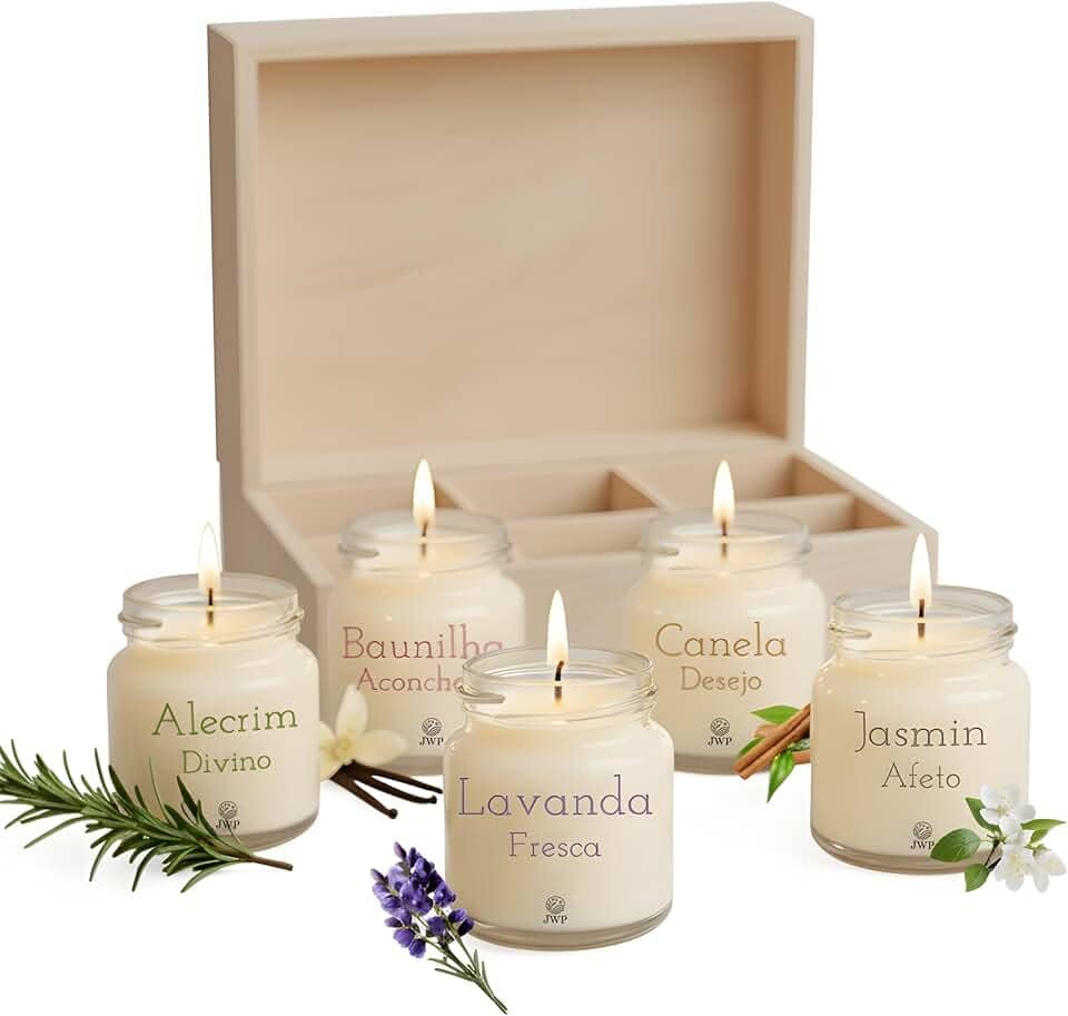 Kit 5 Velas Aromáticas Perfumadas | 50g cada - Alecrim, Baunilha, Lavanda, Jasmim, Canela - Fragrância Extendida - Cera de Coco e Soja