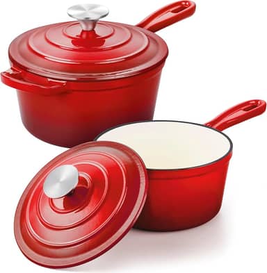 Panela de ferro fundido esmaltado com tampa, panela de 1 + 2 litros com tampa, panelas de cozinha de forno holandês de ferro fundido esmaltado para todos os cooktops, fazer molho de macarrão, leite
