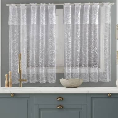 Cortina de Renda Para Cozinha Toda Branca de Varão Simples Desenho Folhagens 2,50m x 1,20m