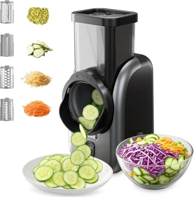 Cortador elétrico de legumes e ralador de queijo, cortador rotativo multifuncional com 4 lâminas de aço inoxidável para batatas, cenouras, pepinos, salada de frutas, etc.