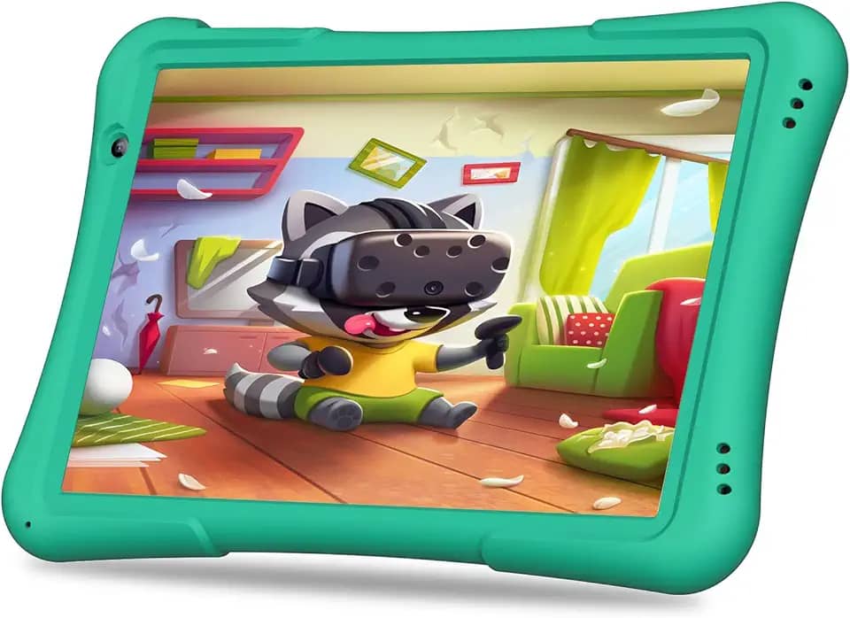 PRITOM Tablet infantil de 10 polegadas Android 14 tablets de 32 GB, Quad-Core, 6000 mAh, tela IPS HD, WiFi 6, câmera dupla, Bluetooth, tablet infantil para crianças a partir de 3 anos, verde