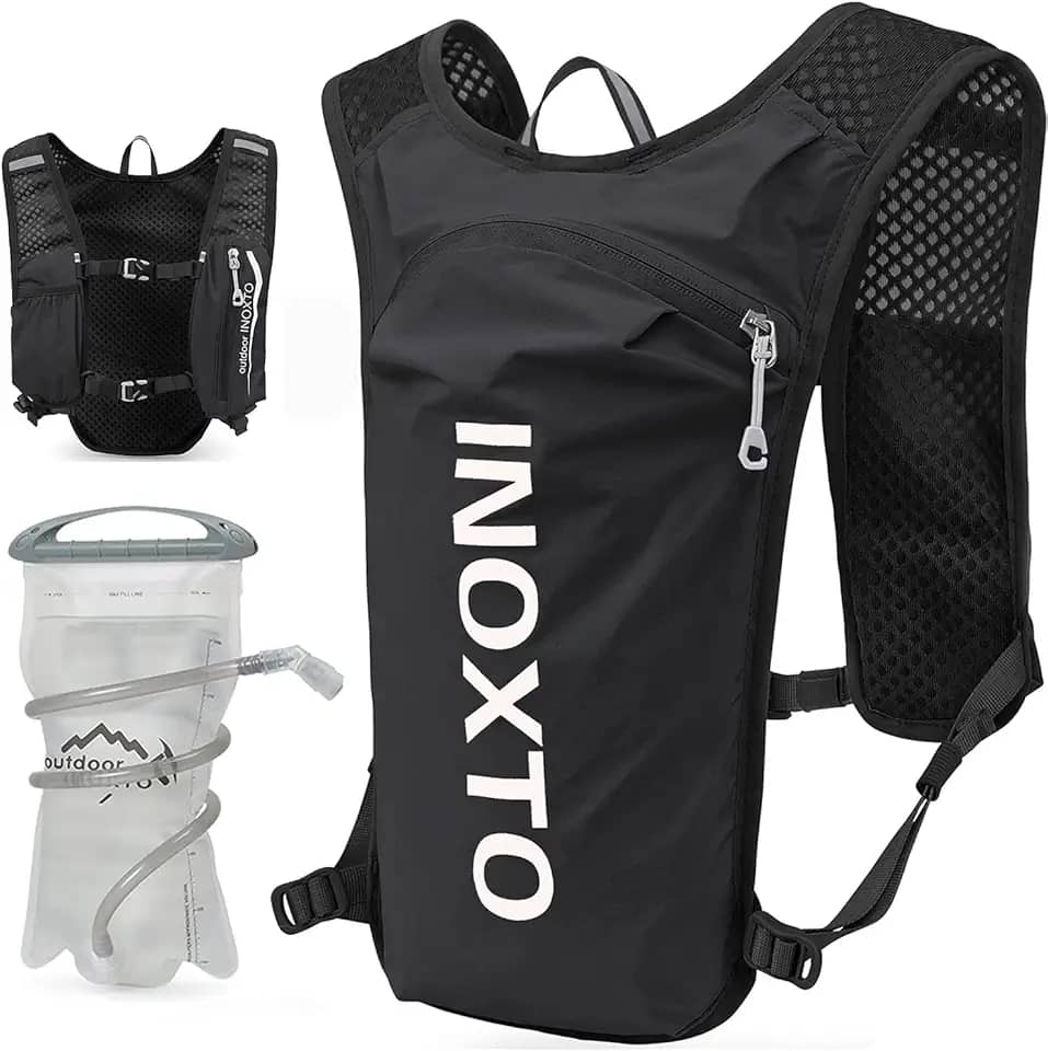 INOXTO Mochila de Colete de Hidratação para Corrida, Pacote Leve e Isolado com Bolsa de Bexiga de Água de 1,5L para Caminhada, Trilha, Corrida, Ciclismo, Maratona para Mulheres e Homens (Preto)
