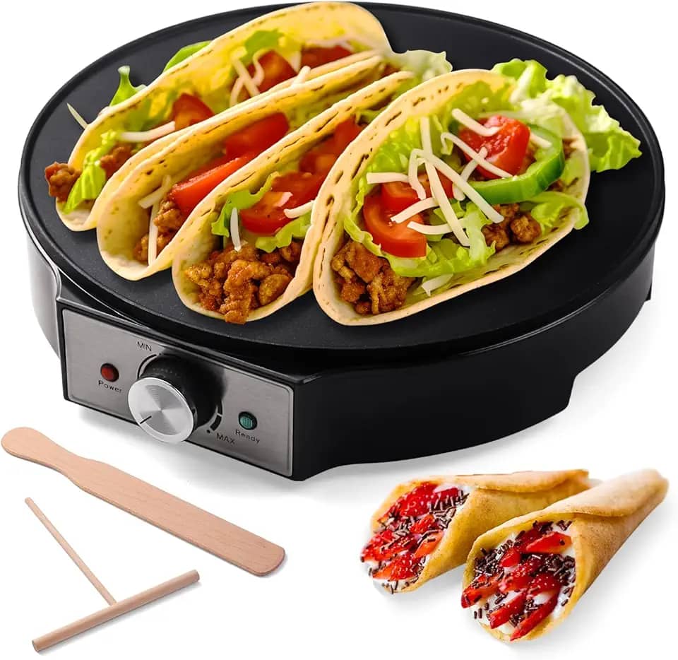 UVFAST Crepe elétrico de 30,5 cm e grelha - panela antiaderente com espalhador para roti, tortilha, blintzes, panquecas - temperatura ajustável, 1000 W