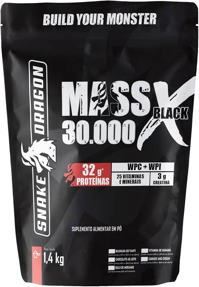 Snake Dragon Hipercalórico Mass X Black 30.000 Refil 1,4Kg 724 Kcal + Whey Protein Isolado e Concentrado 25 Vitaminas e Minerais Proteínas (1,4Kg, Cookies and Cream)