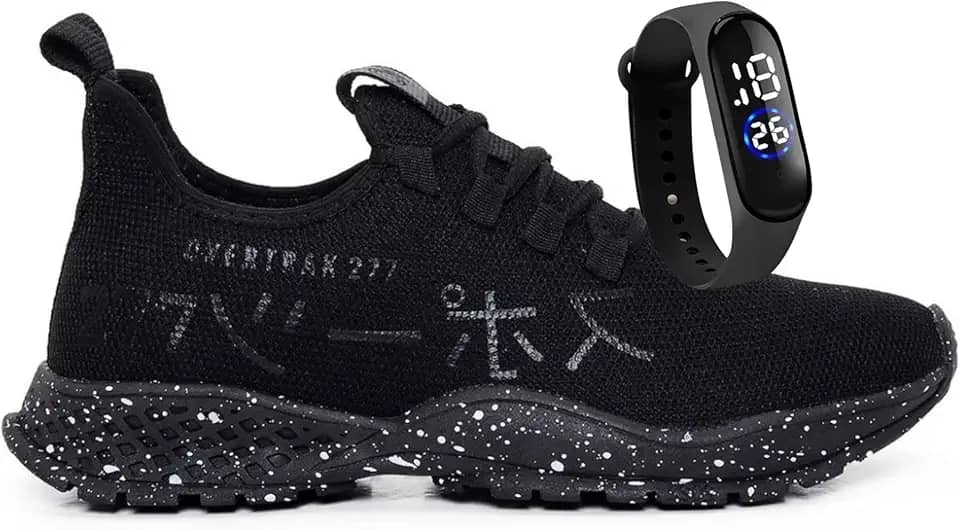 Tênis Masculino de Corrida Meia Preto Macio Confortável Para Academia + Relógio