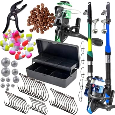 Kit de Pesca Completo com 2 Varas, 2 Molinetes, Estojo, Anzóis, Chumbos, Iscas e Alicate