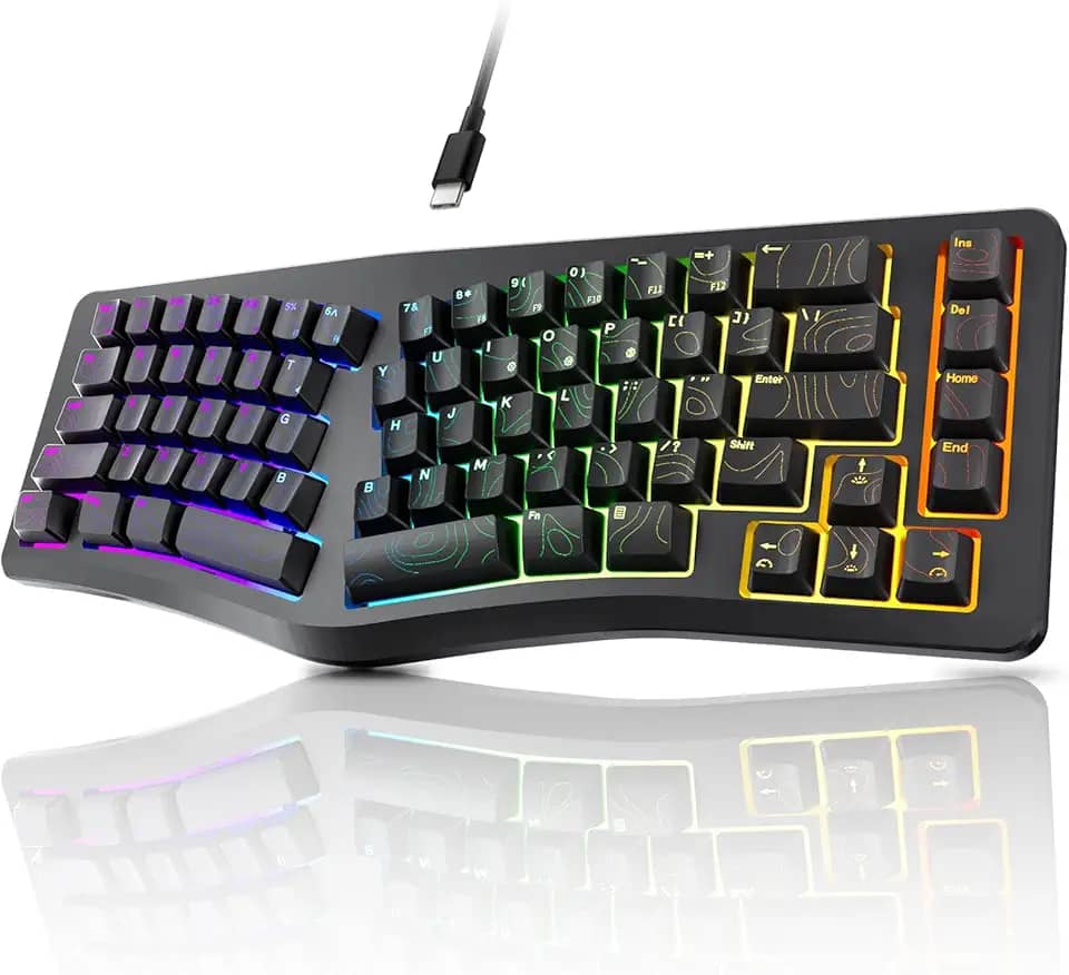 7KEYS Teclado ergonômico com fio, mini teclado dividido compacto, 69 teclas, luz de fundo 14+ RGB, cabo USB tipo C removível, digitação natural e confortável para desktop, Windows, PC, laptop, Mac