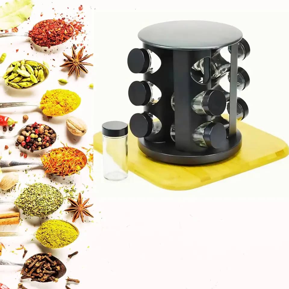 Porta Temperos Giratório Redondo, 9 Potes de Vidro com Tampa Dosadora, Suporte Organizador de Condimentos, Preto, Acessório de Cozinha