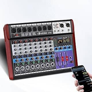 Mesa de som profissional de 8 canais com Bluetooth 5.0, reprodução USB, 24 efeitos DSP, multiconectividade e uso versátil em cenários para transmissão ao vivo, karaokê e podcasts