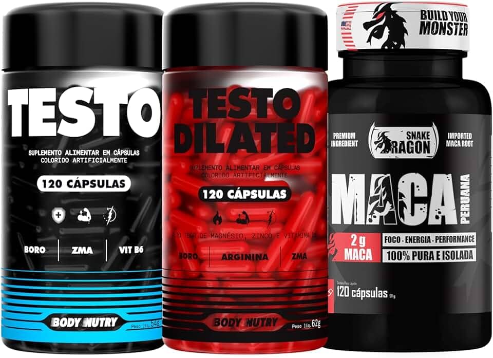 Kit Maca Peruana Negra 120 Capsulas 2000mg Black Pura Premium Importada Para Homens e Mulheres + Testo Vitaminas e minerais com Boro 120 Caps + Testo Dilated 120 Capsulas Com Boro e Arginina