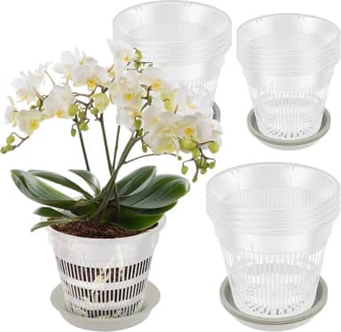 Pacote com 15 vasos de orquídeas transparentes com furos e pires, vasos de orquídeas de 10 cm, 14 e 16 cm, vaso de plástico respirável para replantar plantas de interior, suculentas, decorativo