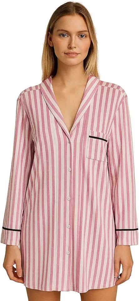 Camisola Algodão Feminina Americana Manga Longa com Botões Inverno Adulto indicado Gestante Amamentação e Pós cirúgico – Branco Listrado rosa