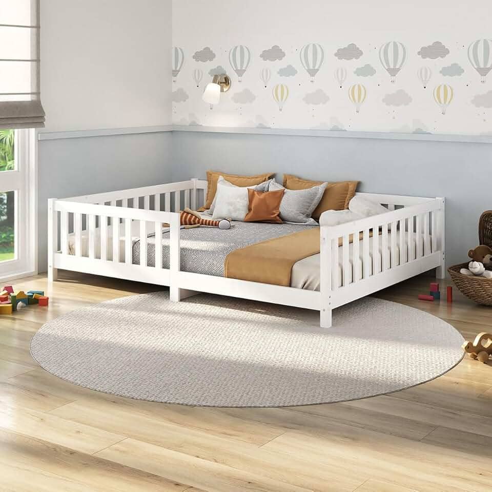 IDIMEX Cama Casal Infantil Grade Montessori Madeira Chão Branco Eva