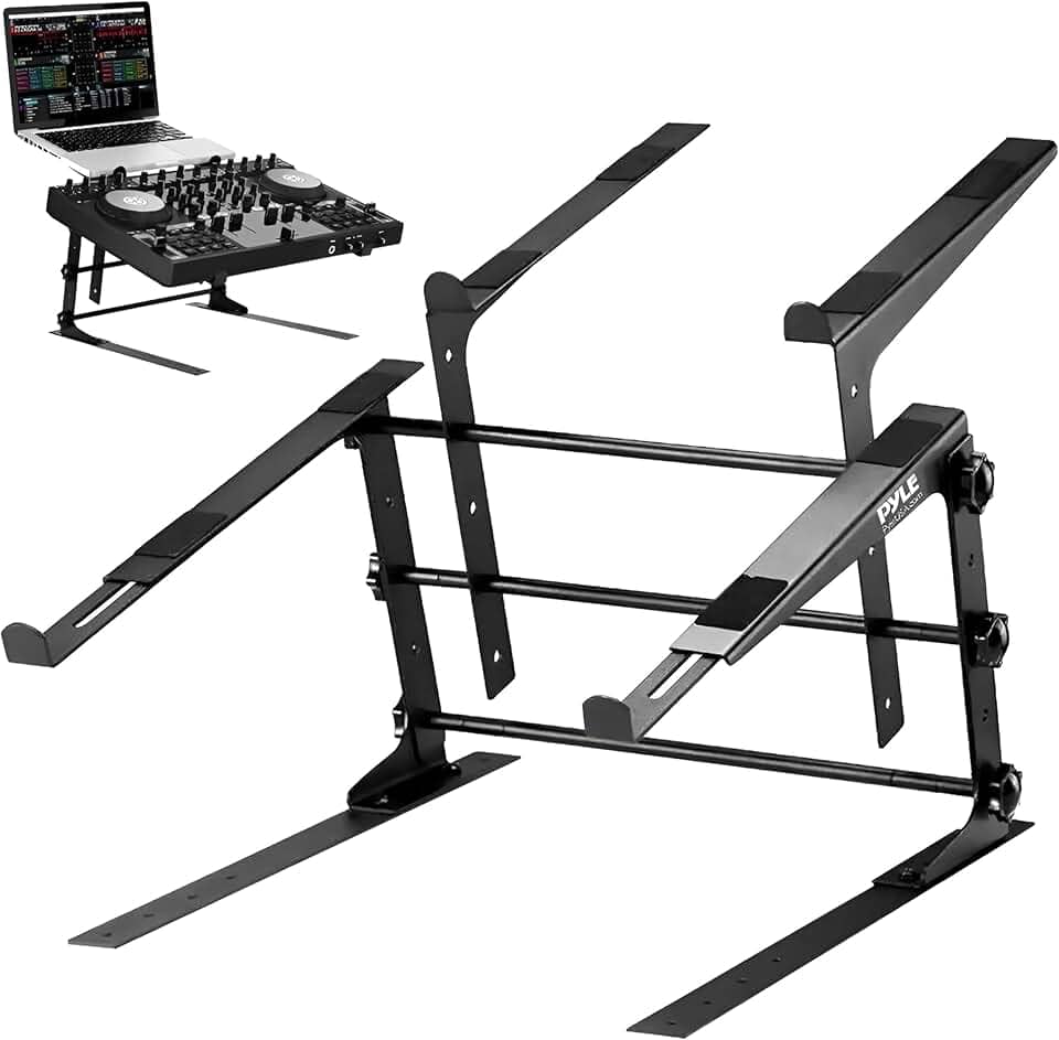 Pyle Suporte portátil duplo para laptop – mesa de pé com altura ajustável, design ergonômico e pinos antiderrapantes para mixer DJ, equipamento de som, estação de trabalho, jogos e uso doméstico – PLPTS38, preto