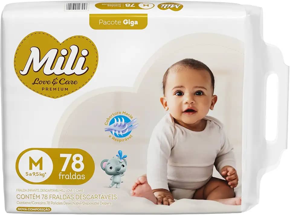 Mili Fralda Infantil Love & Care Tamanho M, Alta Absorção, Ajuste Confortável, 78 Unidades