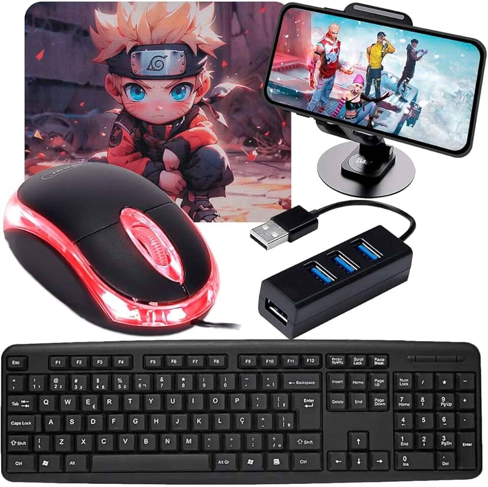 Kit Mobilador Para Celular com Teclado ANBT2 + Mouse Óptico 1000dpi + Mouse Pad Estampas Sortidas + Hub 3.0 4 Portas + Suporte de Celular Tripé (Tipo C)