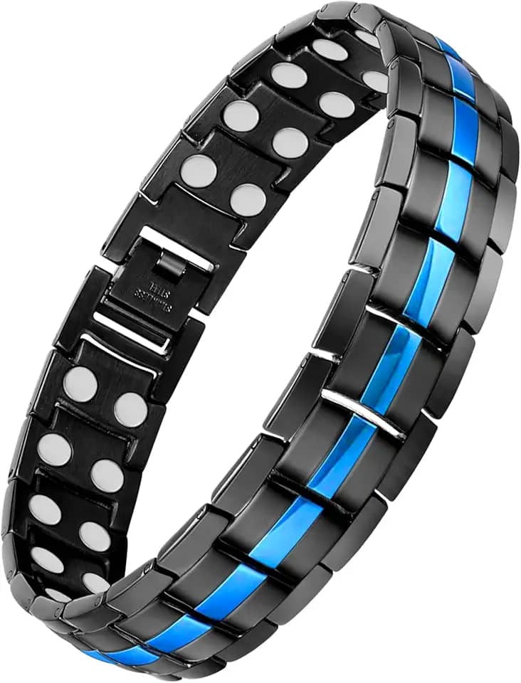 Pulseira magnética masculina de aço de titânio com ímãs de fileira dupla ajustáveis (linha preta e azul)