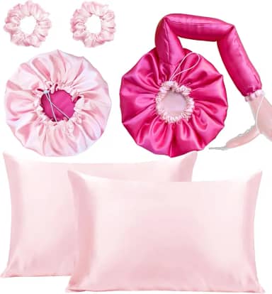 Kit Touca Difusora Dupla + Touca Dormir + 2 Fronhas + 2 Xuxinhas (Pink/Rosa)