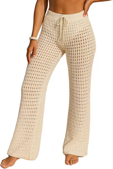 Saída De Praia Calça Tricot Crochê Pantalona Alto Verão Cintura Alta Moda Feminina