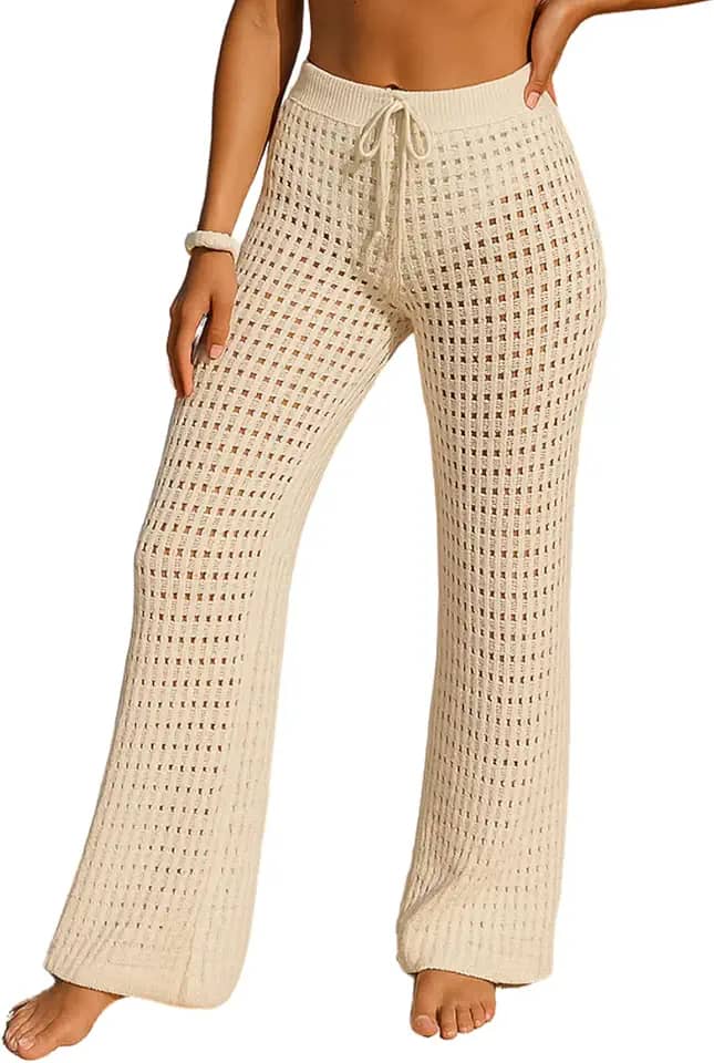 Saída De Praia Calça Tricot Crochê Pantalona Alto Verão Cintura Alta Moda Feminina