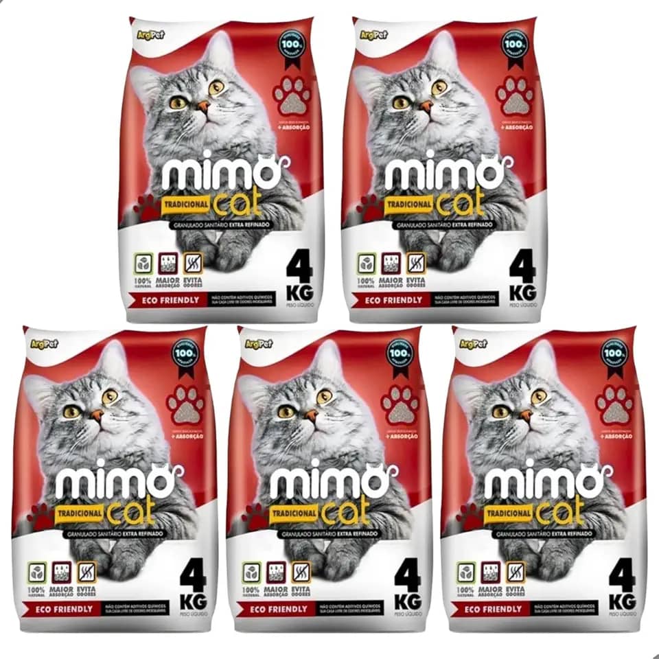 Kit 5 Areia Higiênica Sanitária Mimo Cat Tradicional Grãos Médios Para Gatos 4kg Premium Natural Argila