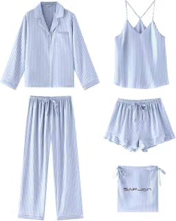 Pijama feminino de cetim de seda, conjunto de 5 peças de pijama clássico com botões, blusa e calça, shorts e babados