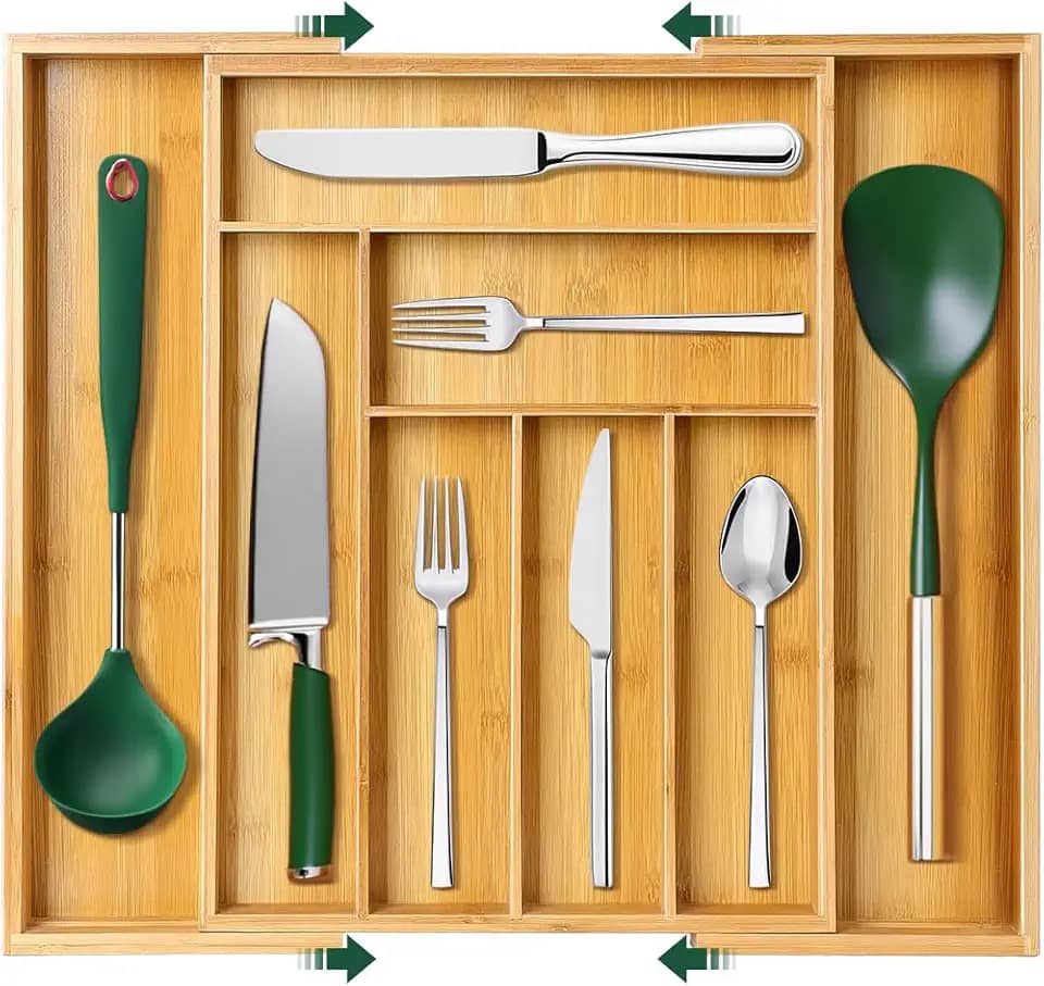 8 Divisórias Organizador de Gaveta de Bambu Expansível, Porta Talheres Bambu Extensível Gaveta, Organizador de Talheres Expansível em Bambu, Organizador Grande de Talheres de Bambu