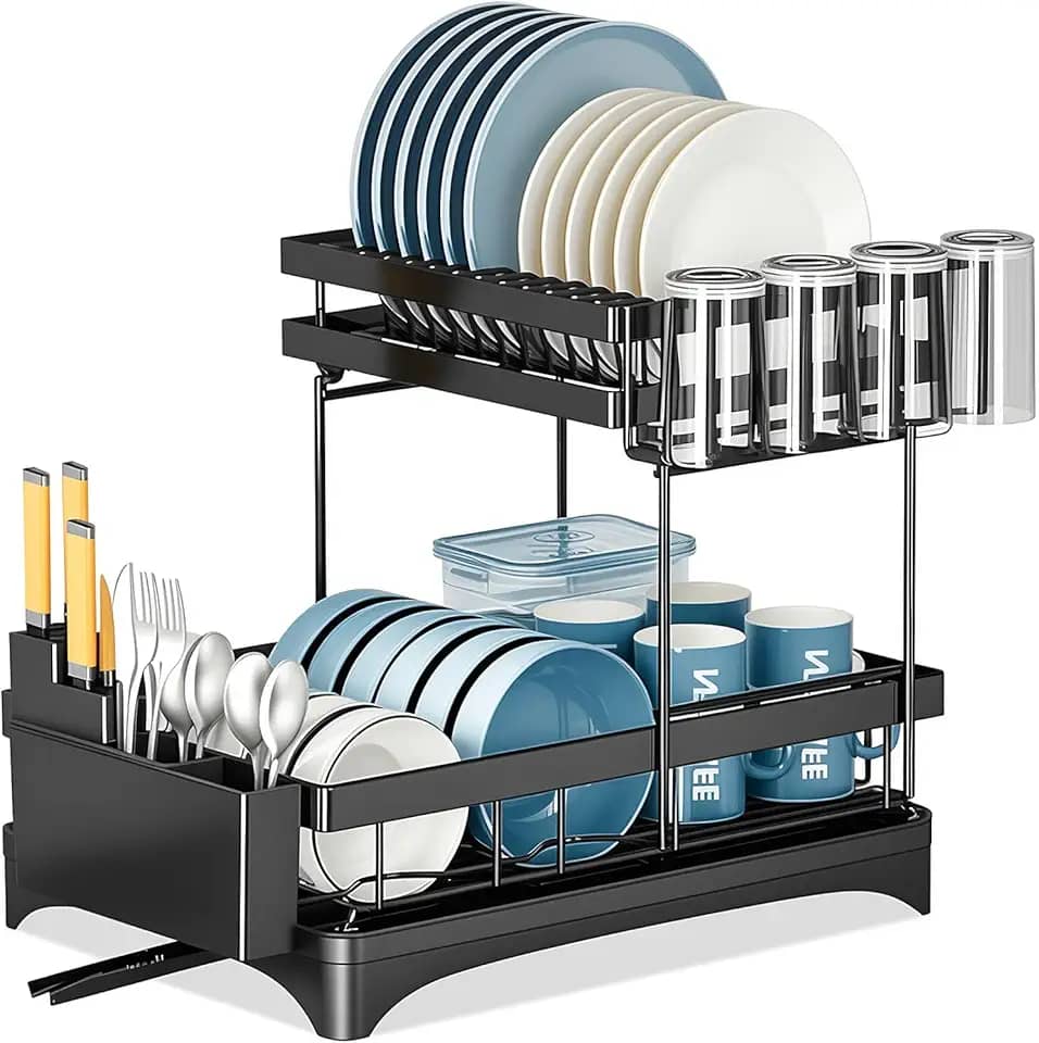 Escorredor de Louça Inox 2 Camadas com Suporte para Talheres, Copos, Facas, Tábuas e Bandeja, Organizador de Cozinha Suspenso, Prateleira com Drenagem Eficiente, Preto