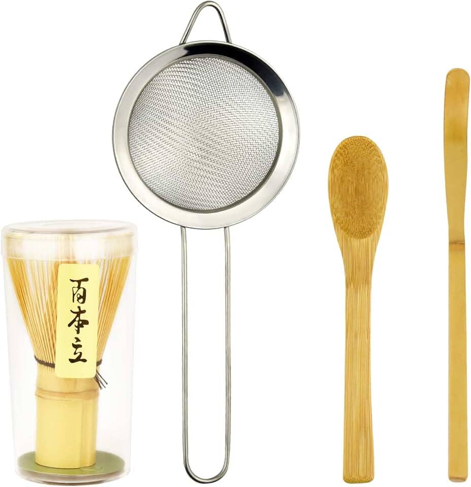 Conjunto de 4 peças japonês Matcha Tea Whisk - batedor Matcha, colher de chá, colher tradicional, coador de chá de conjunto perfeito para iniciantes