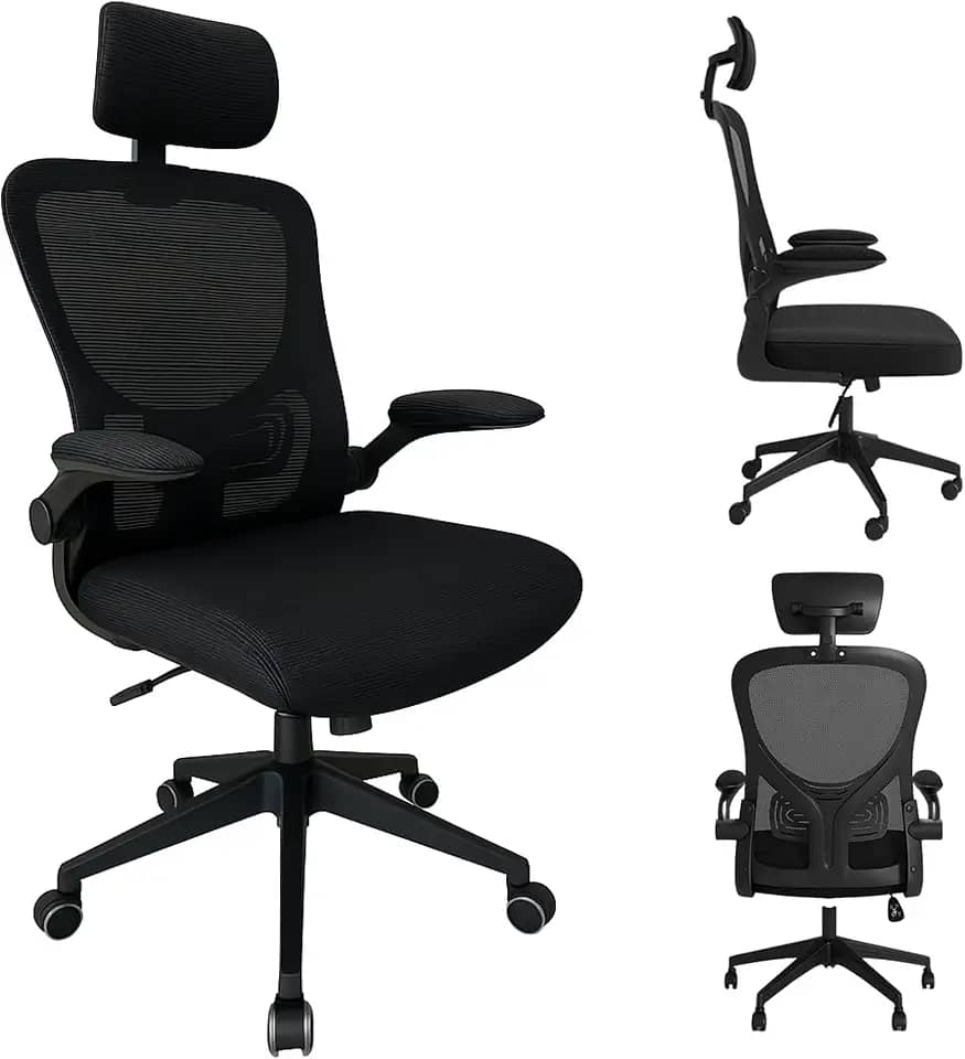 Cadeira de Escritório Ergonômica Giratória, Malha Respirável, Estofado Mesh, Modelo Tipo Presidente Confortável c Mecanismo de Elevação e Inclinação, Rodinhas silenciosas. Preta | HYATTO OFFICE |