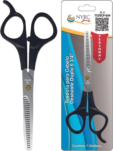 Tesoura Para Cabelo Desbaste Simples NYBC Beauty - 6 3/4" - 175mm, Preta, Leve e Eficiente, Para Uso Doméstico e Profissional
