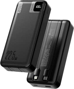 Basike Power Bank, Carregador Portátil Universal 20000mAh, USB-A(até 22.5W)+USB-C(até PD20W), com 2 Cabos Integrados (USB-C, Lightning) Carregamento Rápido, Led Indicador de Bateria (Preto)