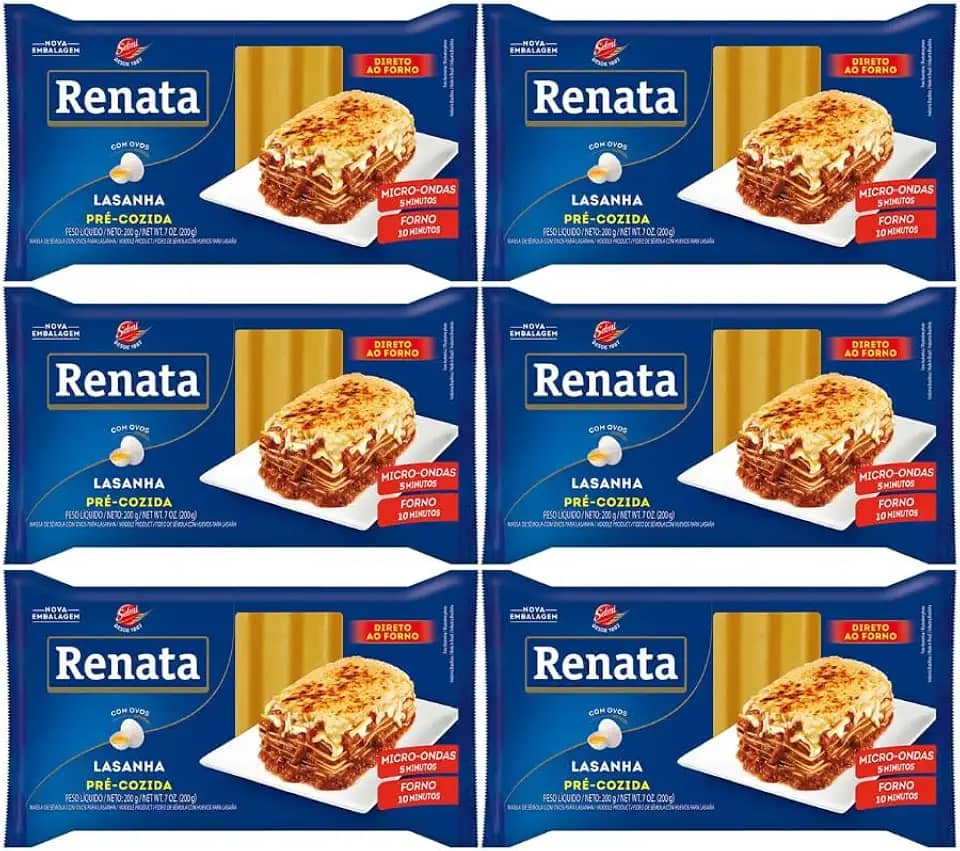 Kit com 6 Pacotes de Massa de Sêmola com Ovos para Lasanha Pré-Cozida de 200g cada - Renata