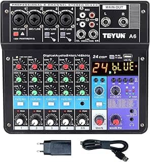 A6 Mesa De Som 6 canais,mixer de placa de som de 6/5/4/3 canais com Bluetooth, entrada USB para PC e alimentação fantasma de 48V para música, podcasting e produção Melhor que teyun A4 NA4 A3