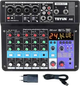 A6 Mesa De Som 6 canais，mixer de placa de som de 6/5/4/3 canais com Bluetooth, entrada USB para PC e alimentação fantasma de 48V para música, podcasting e produção Melhor que teyun A4 NA4 A3