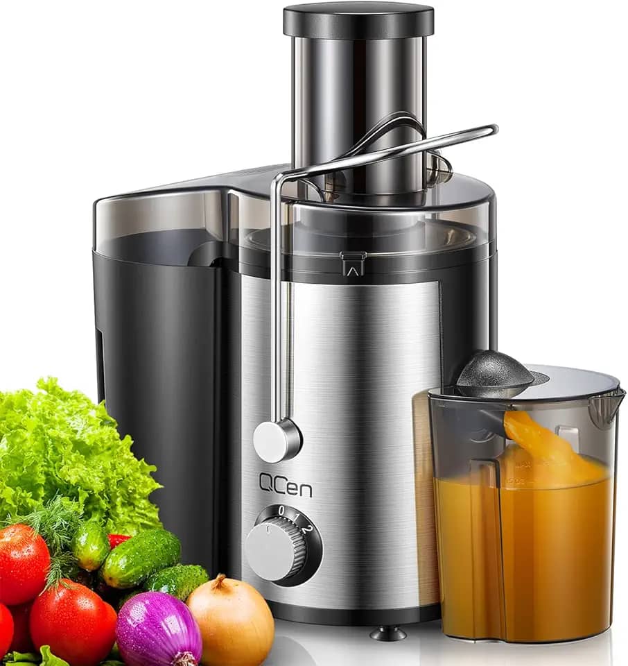 Qcen Máquina de espremedor, extrator centrífugo de 800 W com calha de alimentação de 7,6 cm de boca larga para frutas e vegetais, fácil de limpar, aço inoxidável, livre de BPA (preto)